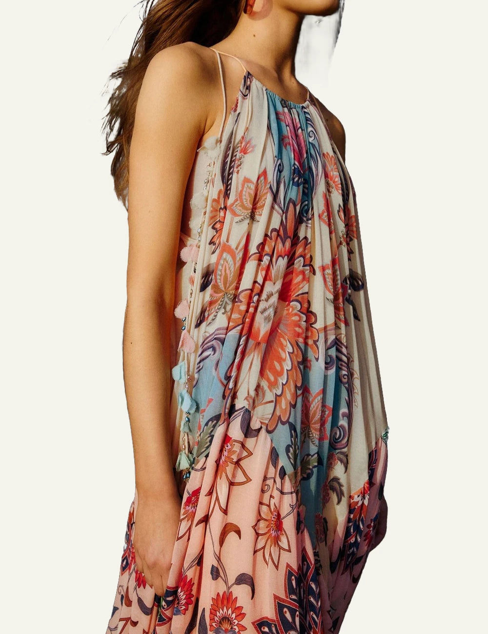 Farm Rio boho floral delhi maxi dress multicolor halter front detail worn