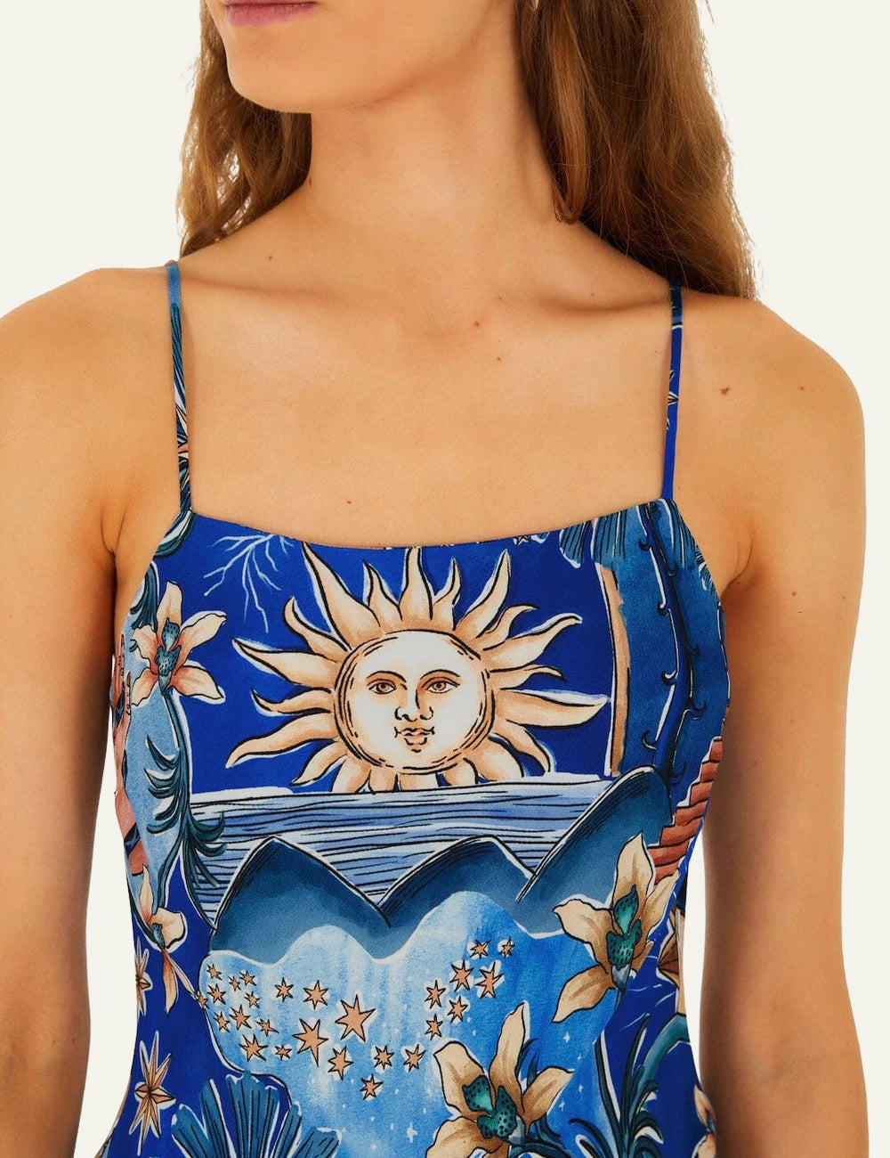 Farm Rio mystical blue maxi dress spaghetti straps front detail