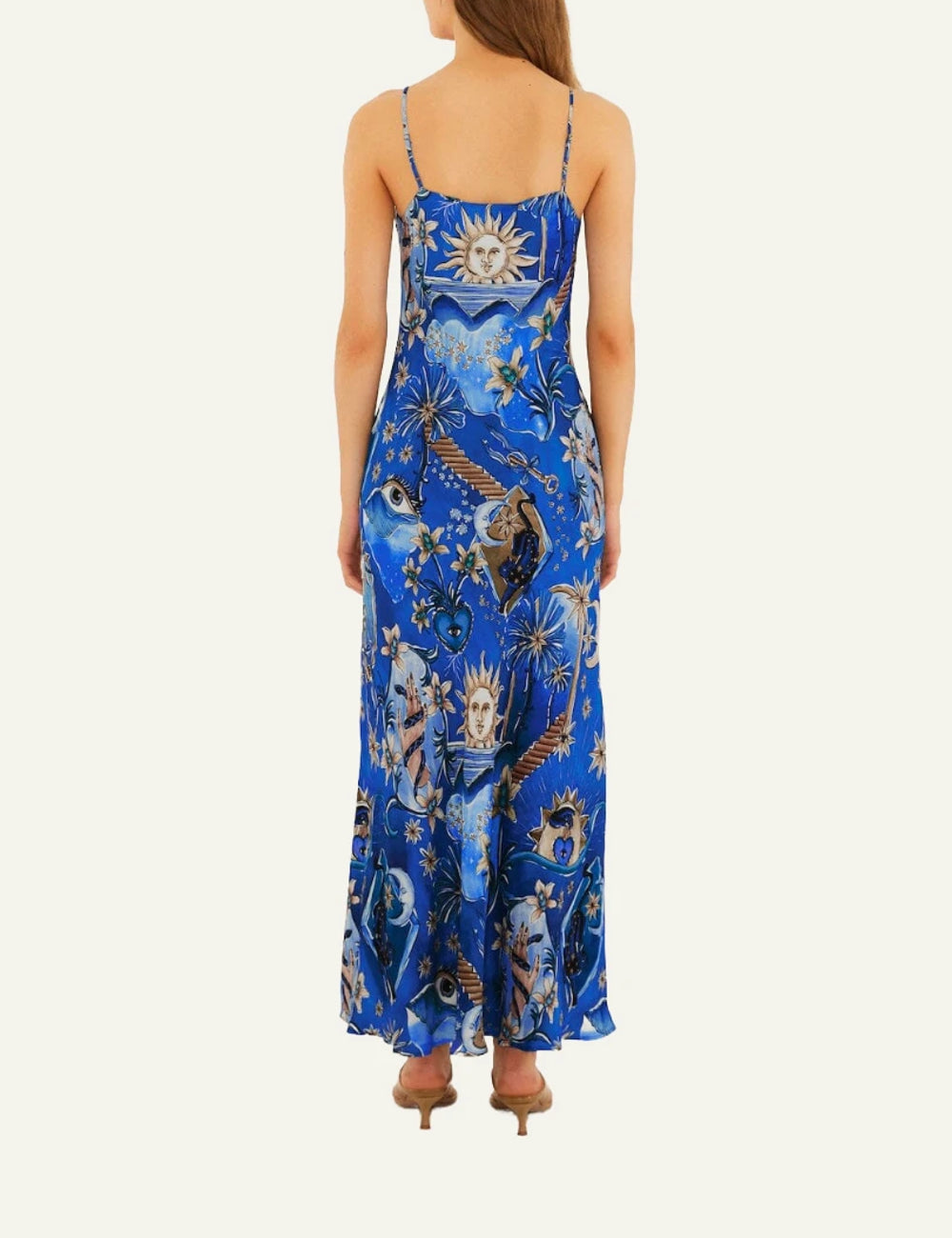 Farm Rio mystical blue maxi dress spaghetti straps back full body