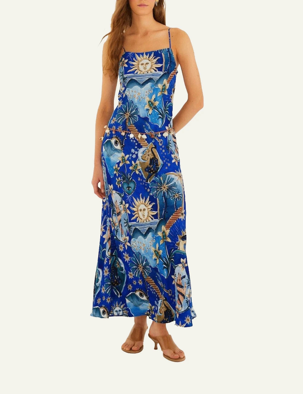 Farm Rio mystical blue maxi dress spaghetti straps front full body