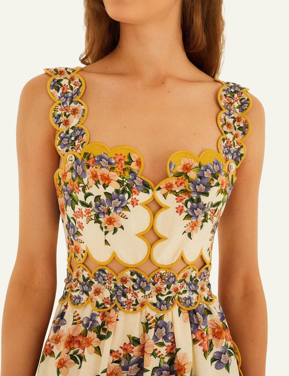 Farm Rio hilo stripes midi dress sand floral front detail