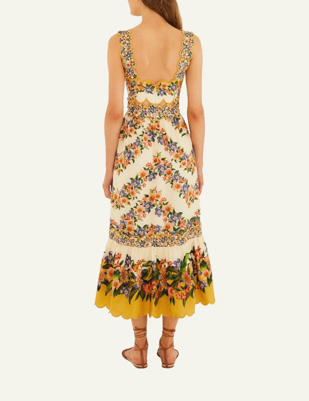 Farm Rio hilo stripes midi dress sand floral back