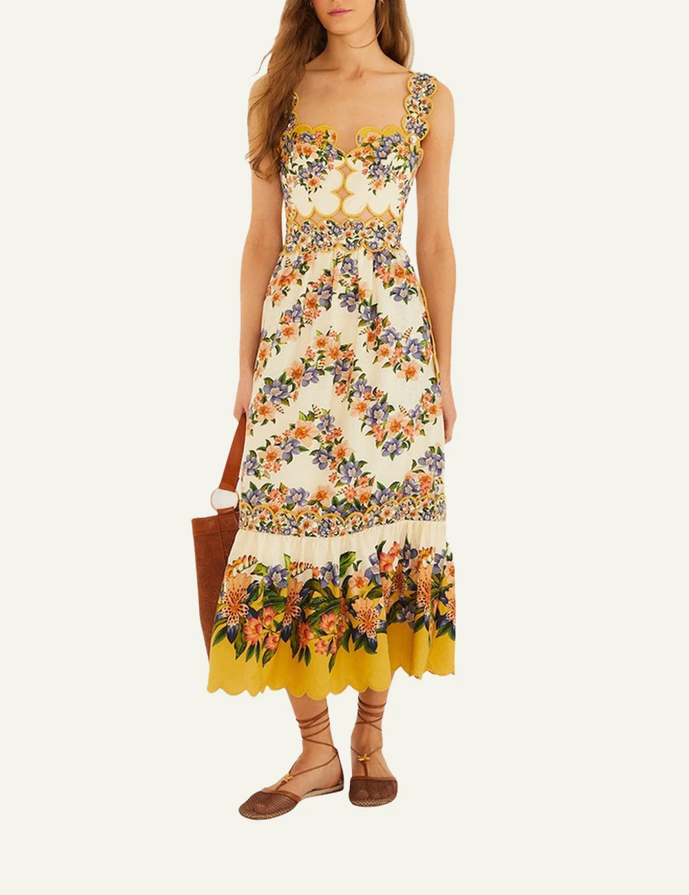 Farm Rio hilo stripes midi dress sand floral front full body