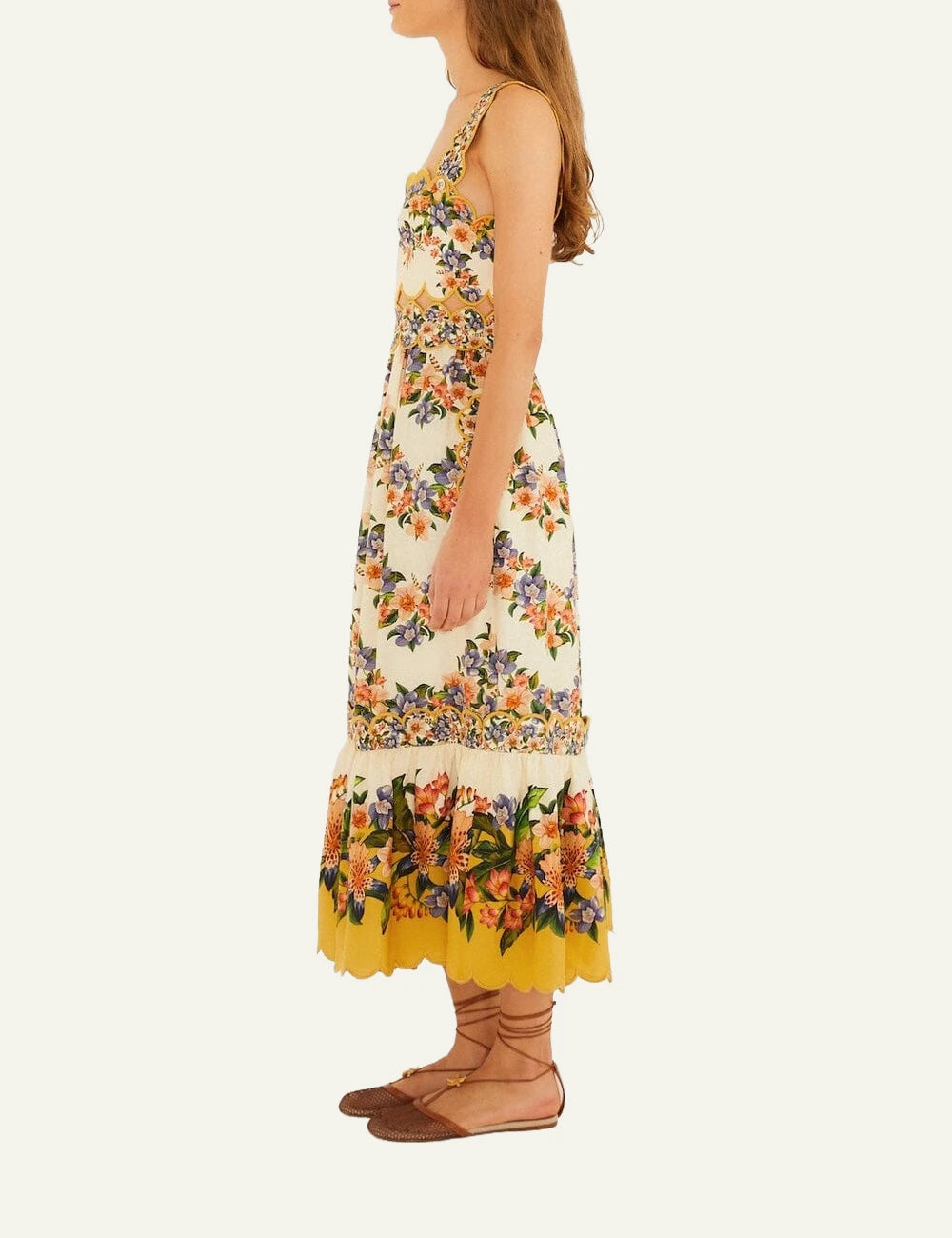 Farm Rio hilo stripes midi dress sand floral side 