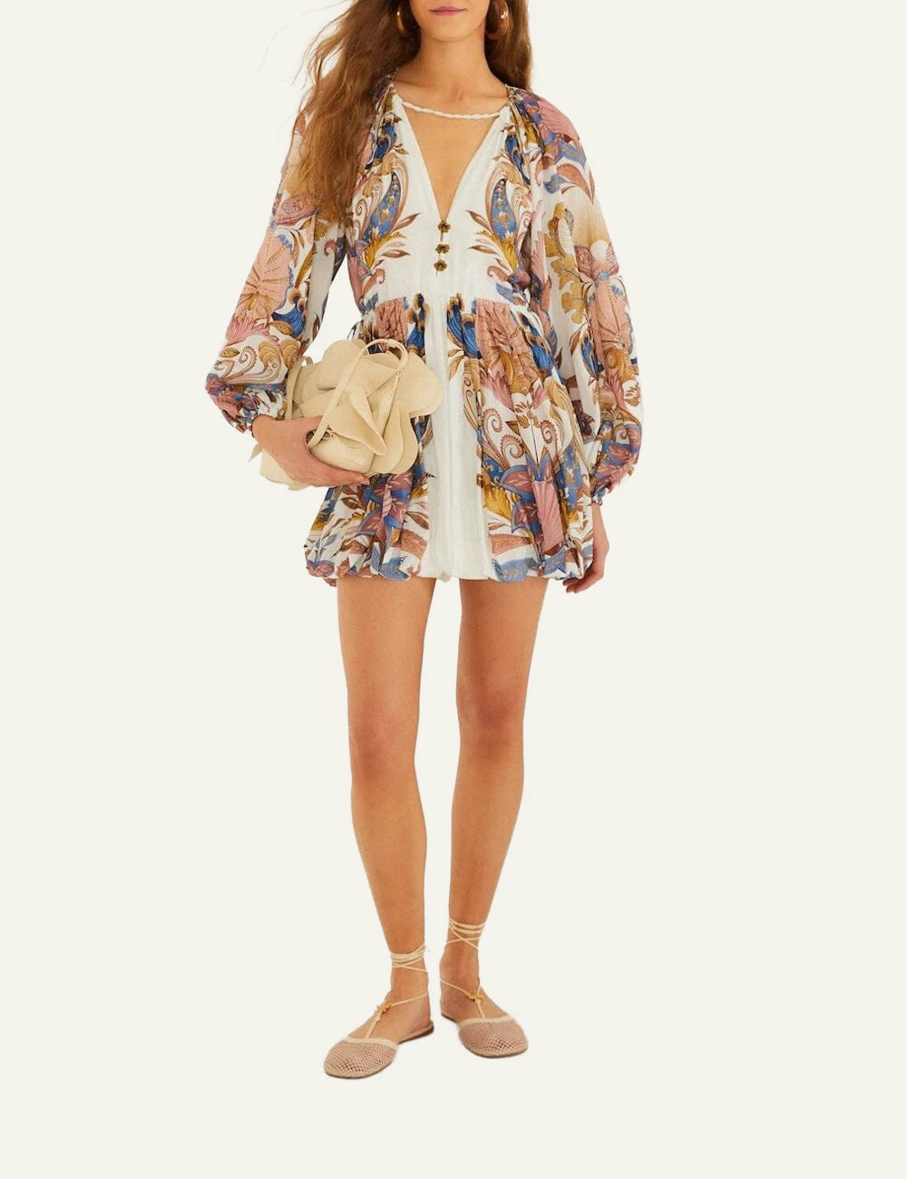Farm Rio mini bubble dress cream multi print front view model