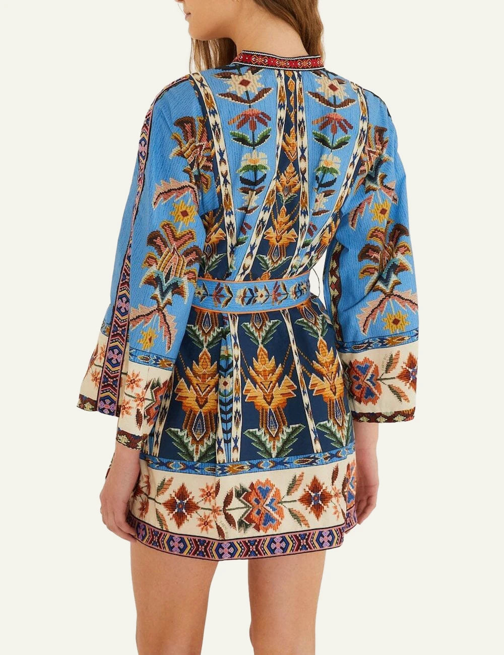 Farm Rio mini dress blue ethnic print belted back view