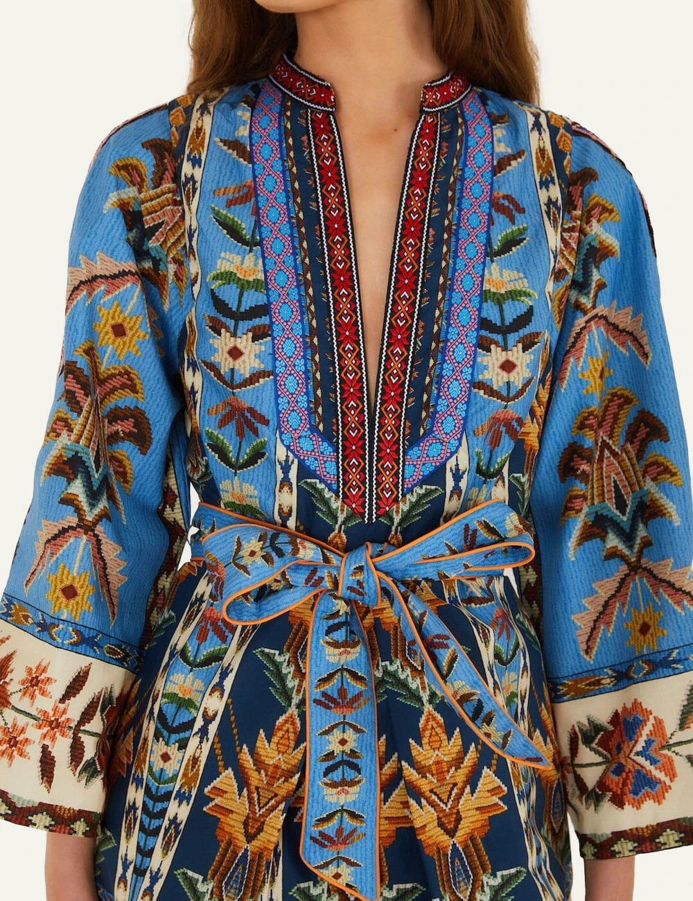 Farm Rio mini dress blue ethnic print belted detail view