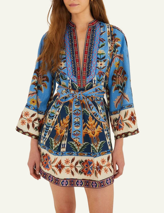 Farm Rio mini dress blue ethnic print belted front view