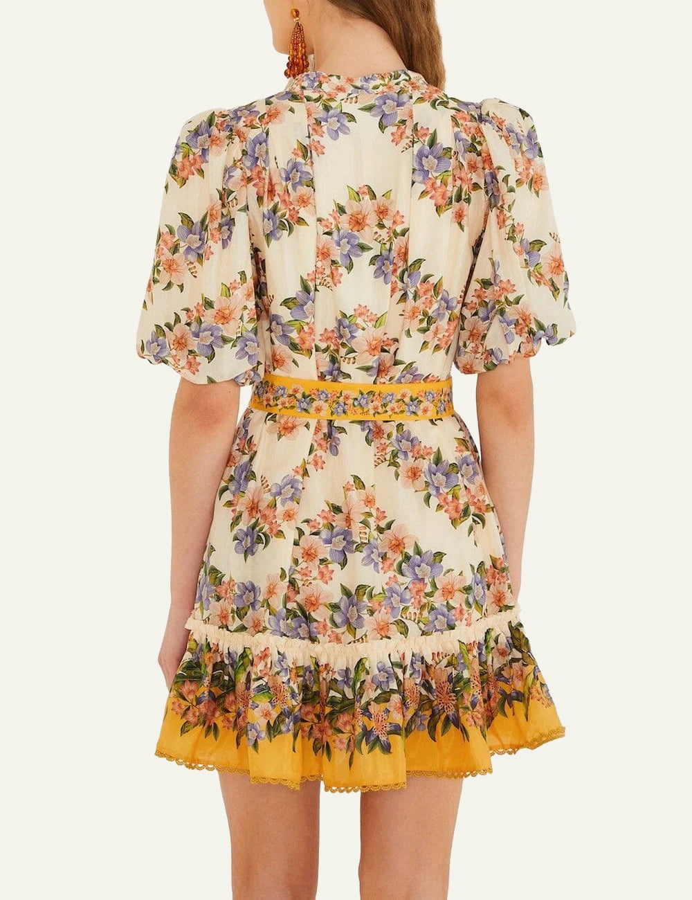 Farm Rio hilo stripes mini dress sand floral back worn