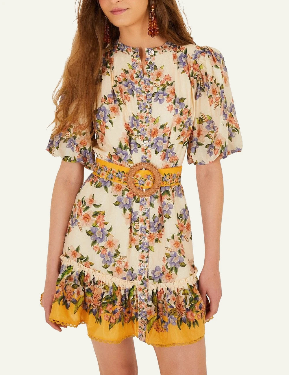 Farm Rio hilo stripes mini dress sand floral front model worn