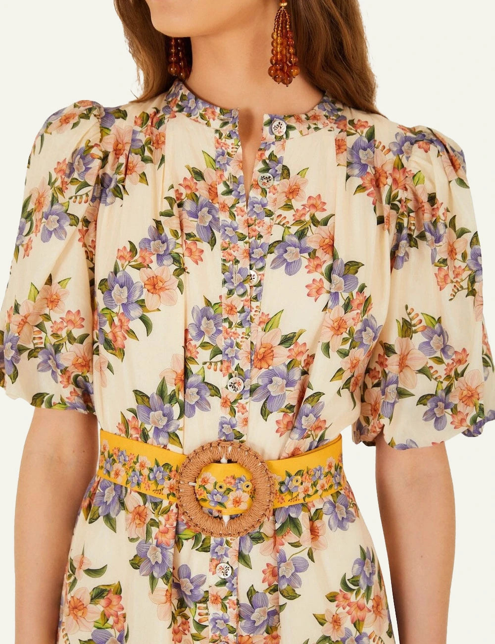 Farm Rio hilo stripes mini dress sand floral front detail worn