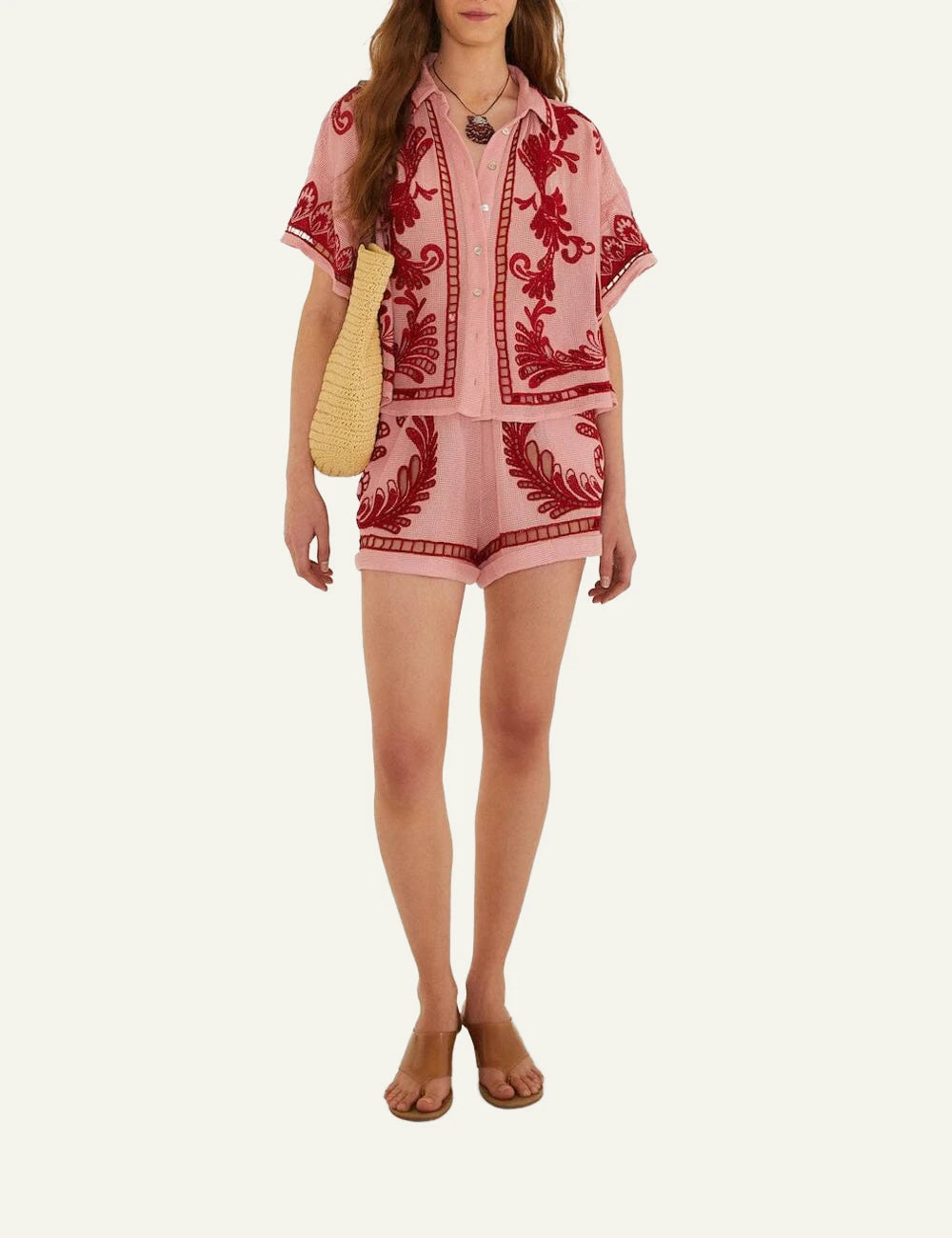 Farm Rio pink embroidered shorts red richelieu details elastic waist front full body view
