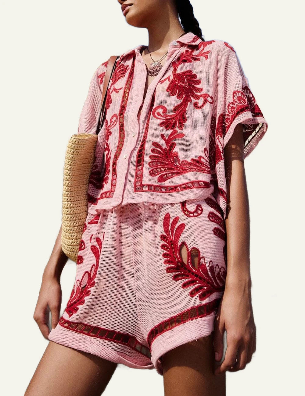 Farm Rio pink embroidered shorts red richelieu details elastic waist detail view