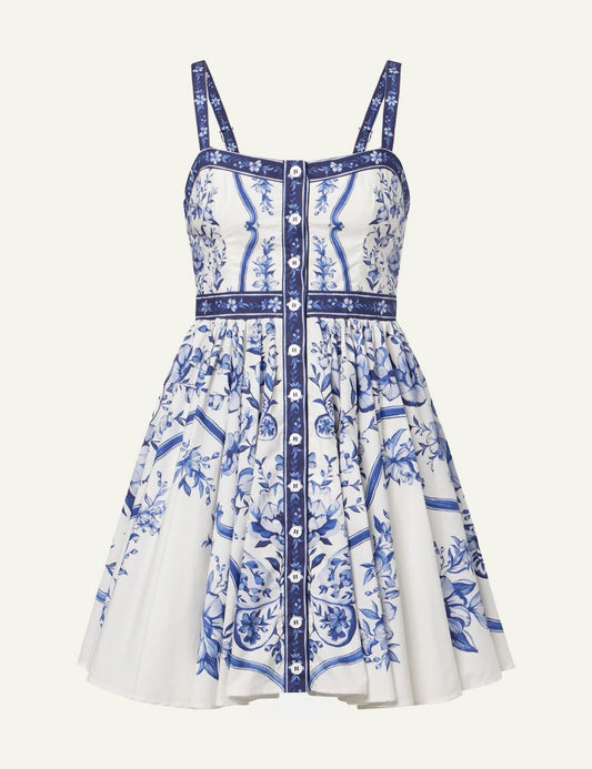 Farm Rio porcelain garden mini dress off white blue floral front flat view