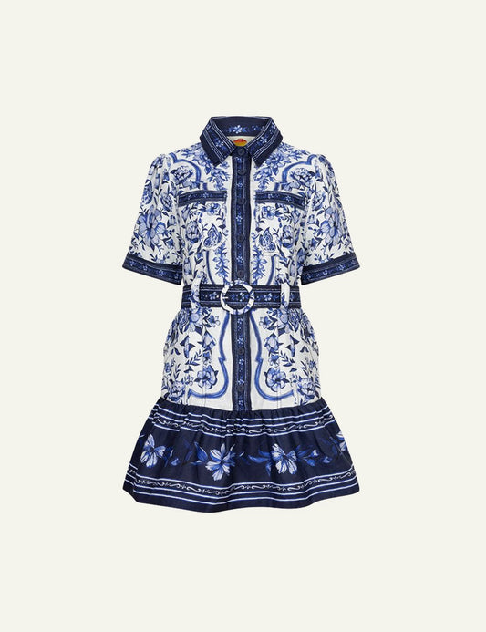 Farm Rio porcelain garden mini dress off white blue floral front flat view