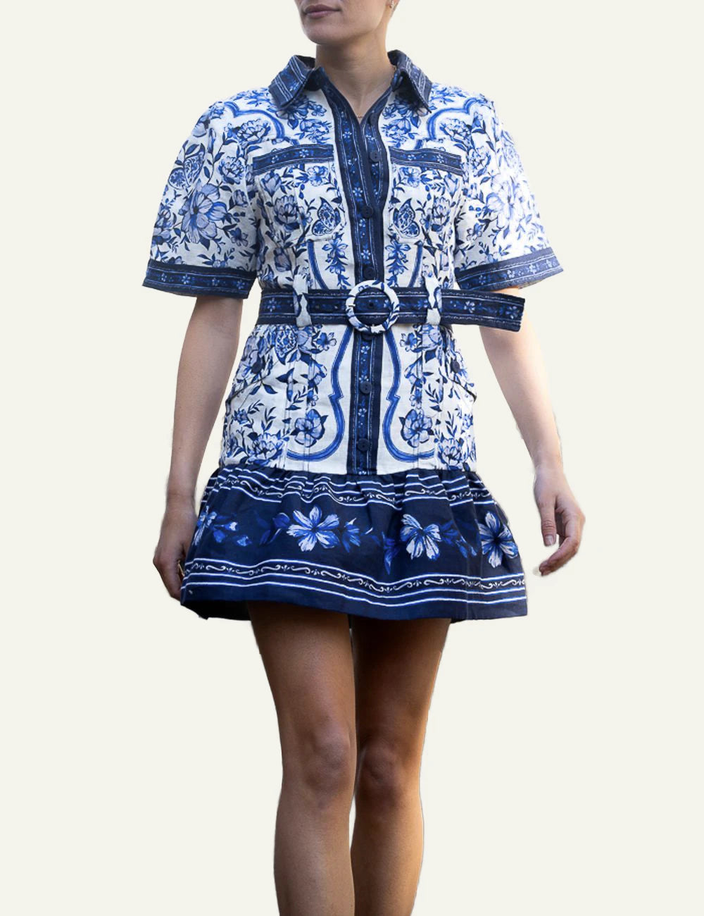 Farm Rio porcelain garden mini dress off white blue floral front model view