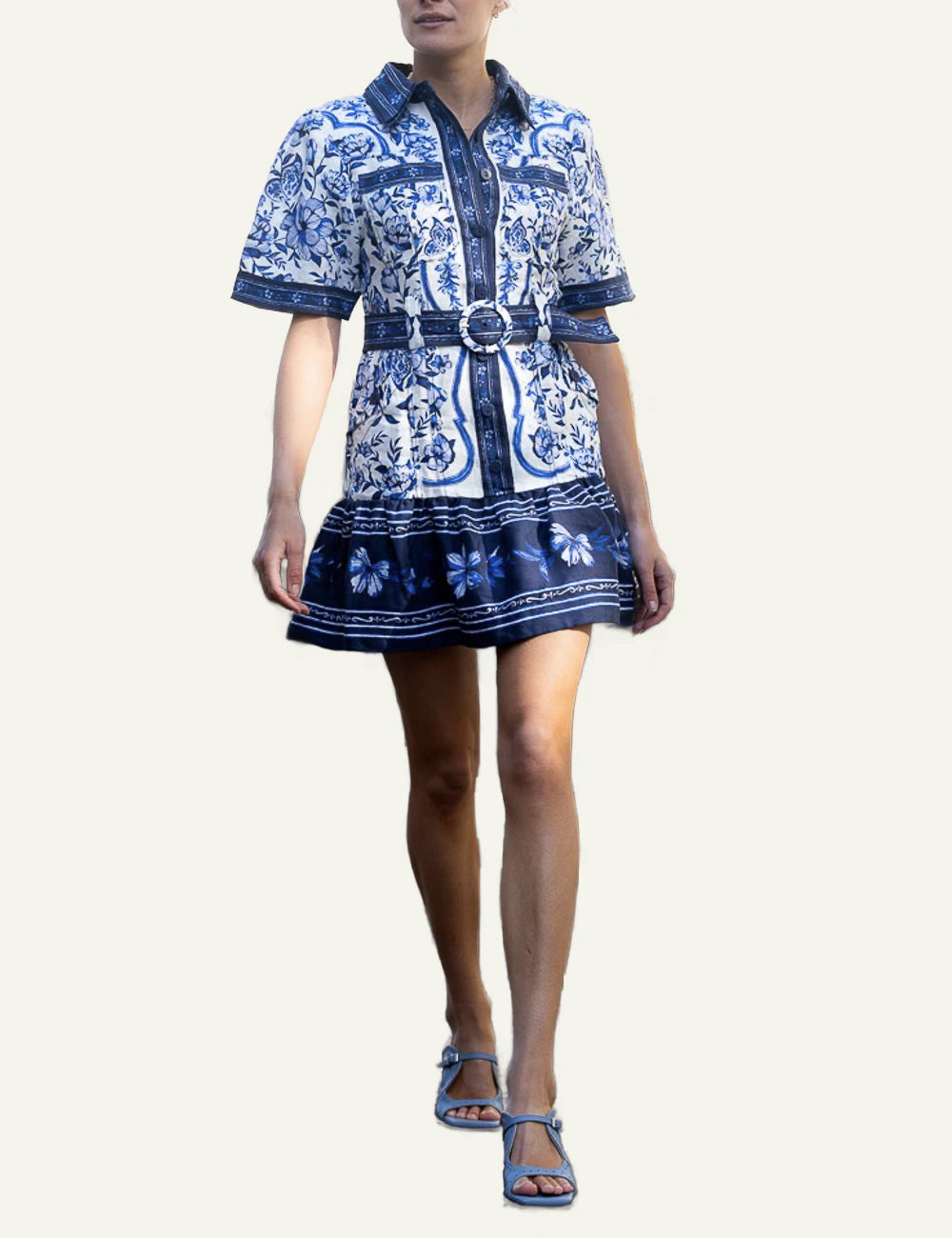 Farm Rio porcelain garden mini dress off white blue floral front full body view