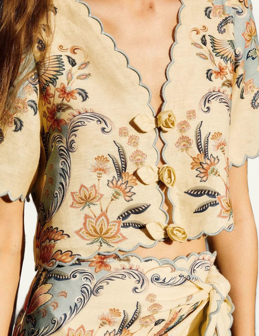 Farm Rio short sleeve top beige side view