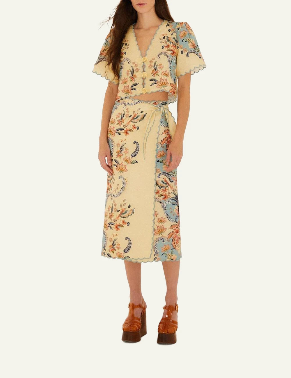 Farm Rio short sleeve top beige front view