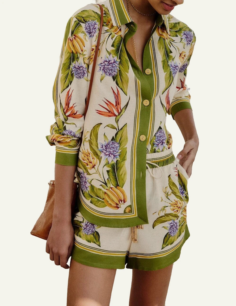 Farm Rio tropical scarf shorts sand print detail front model