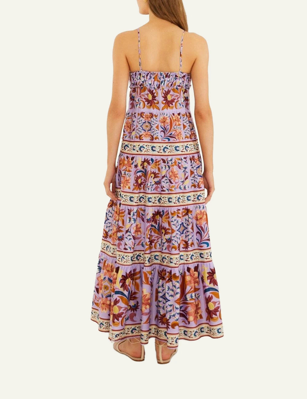 Farm Rio sleeveless tiered maxi dress back view