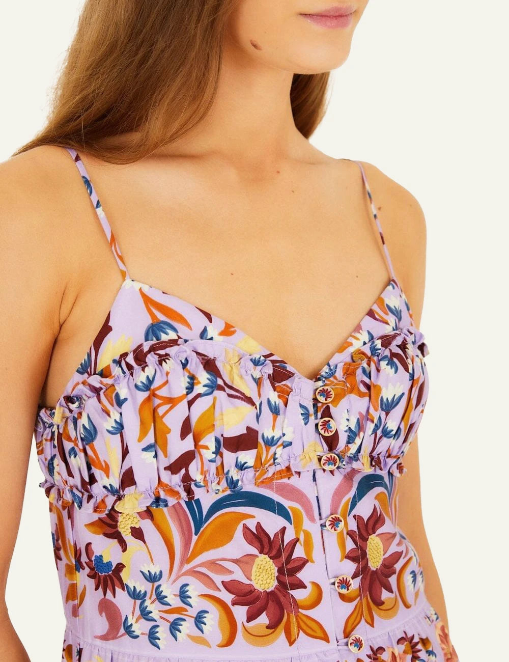 Farm Rio sleeveless tiered maxi dress detail view