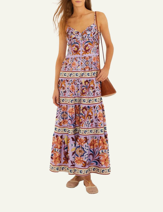 Farm Rio sleeveless tiered maxi dress front view