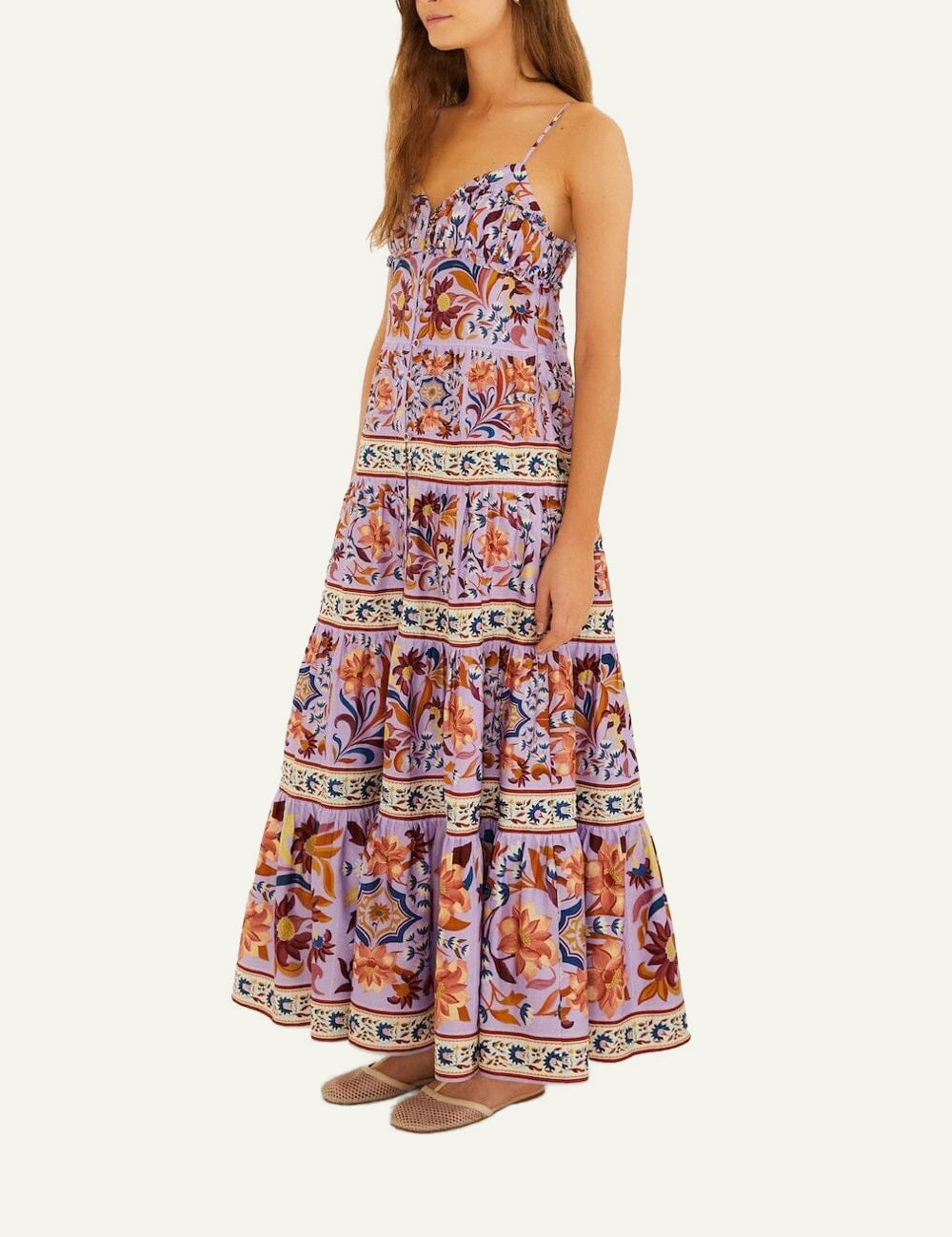 Farm Rio sleeveless tiered maxi dress side view