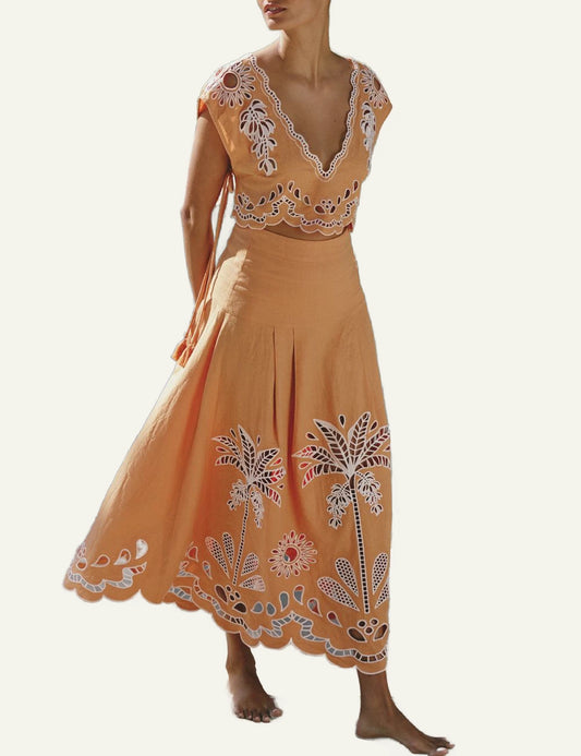 Farm Rio tropi embroidery skirt camel tropical pattern lace hem front model view