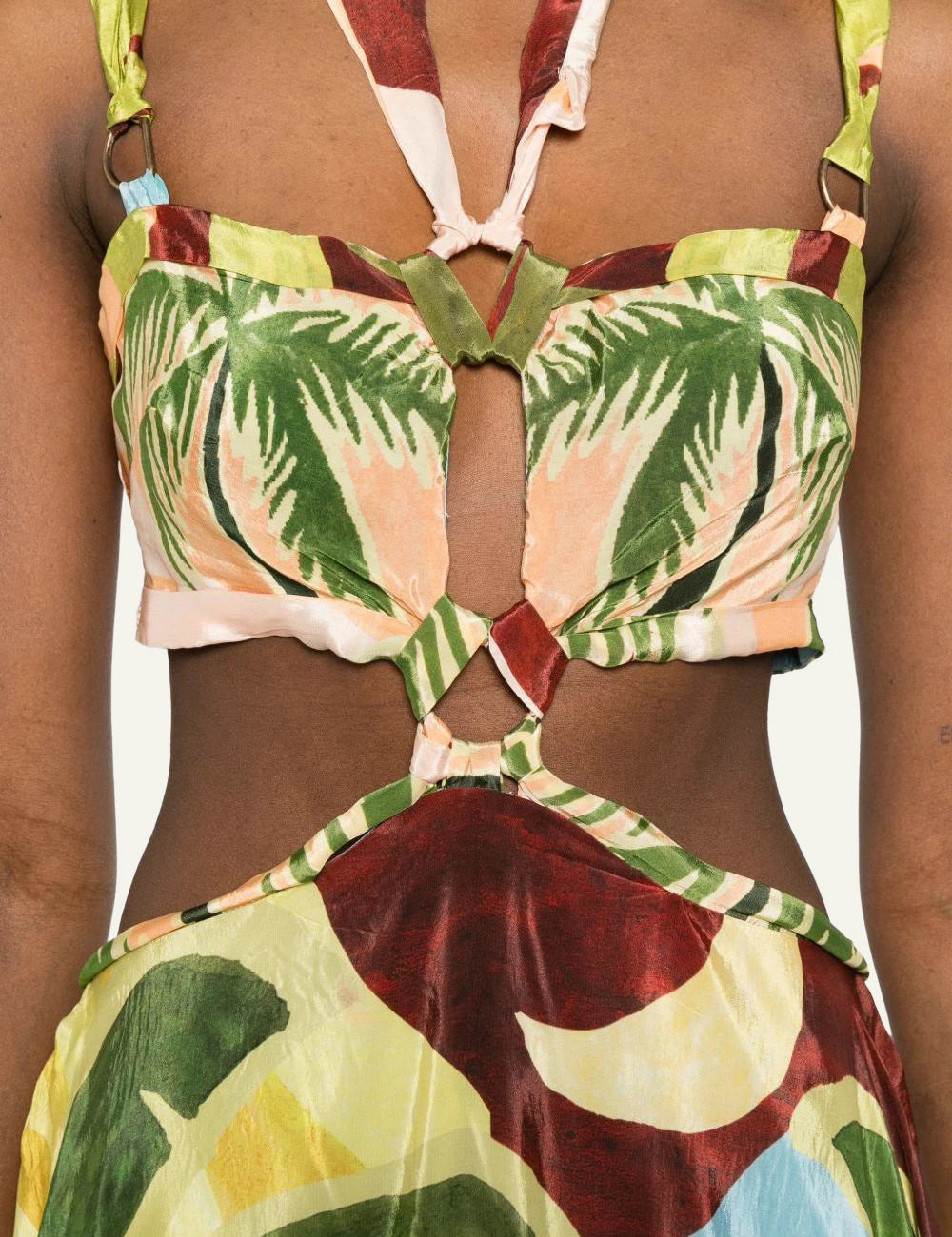Farm Rio tropical painting maxi dress multicolor cut out buckle front detail view