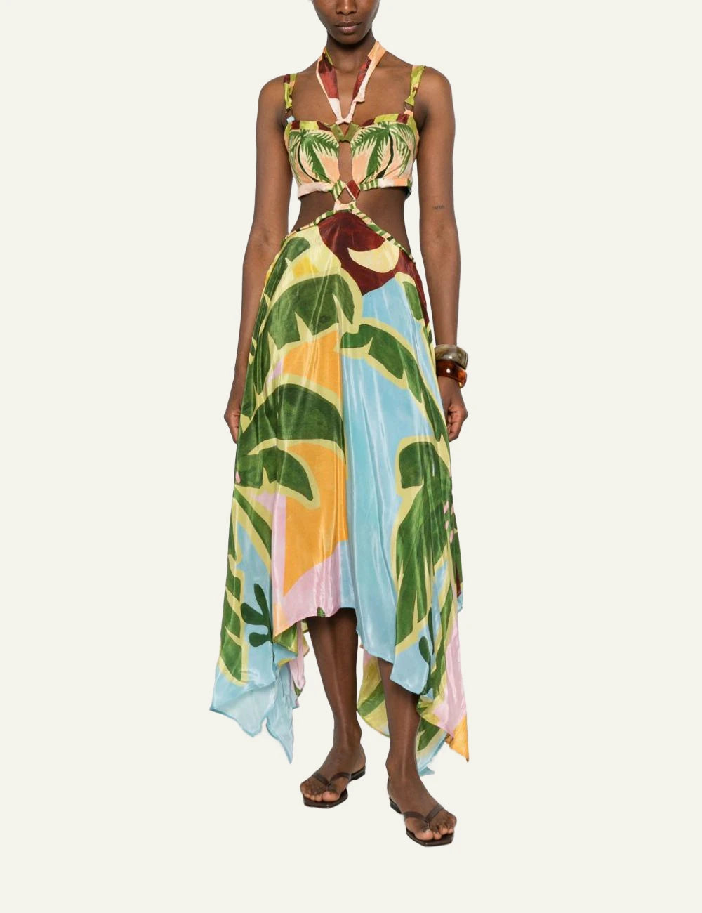Farm Rio tropical painting maxi dress multicolor cut out buckle front model view