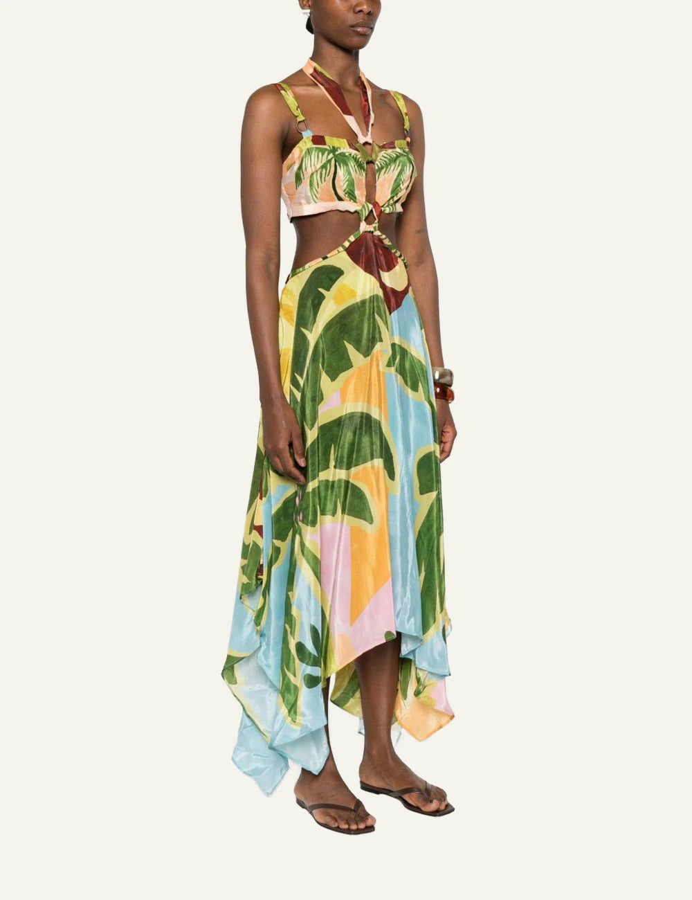Farm Rio tropical painting maxi dress multicolor cut out buckle side model view