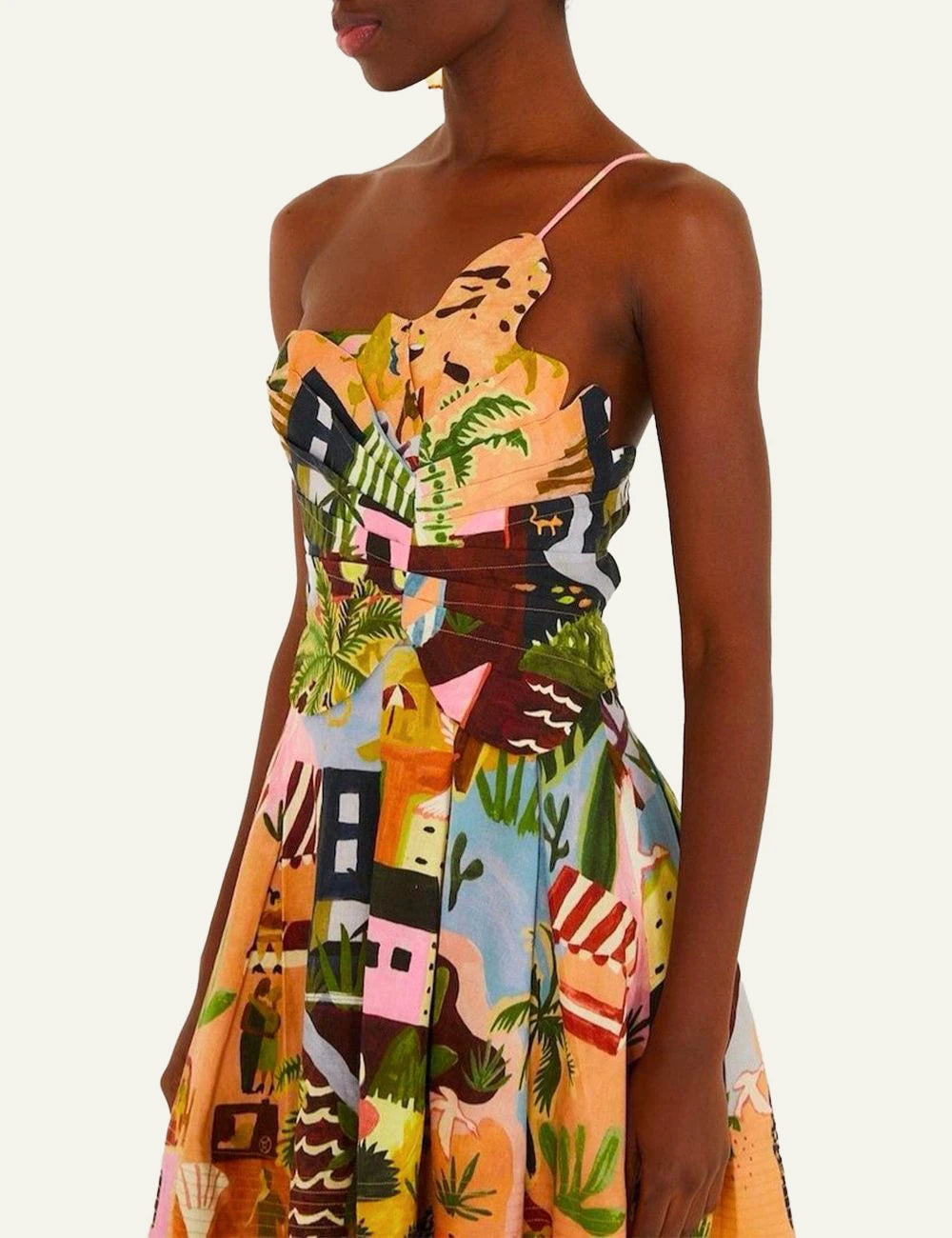 Farm Rio tropical painting mini dress multicolor one shoulder side model view