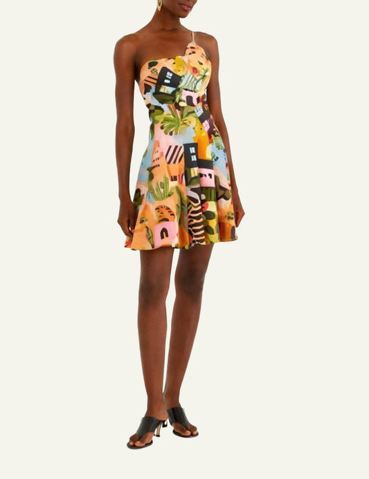 Farm Rio tropical painting mini dress multicolor one shoulder front model view