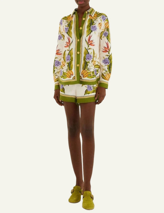 Farm Rio tropical scarf shirt sand floral print long sleeve full body view
