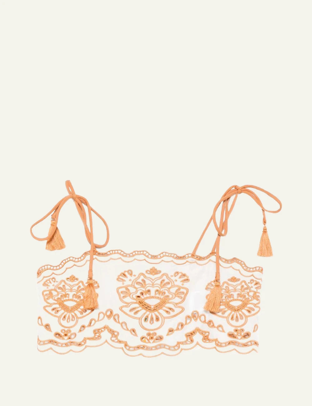 Farm Rio white embroidered crop top tassel straps scalloped hem front view