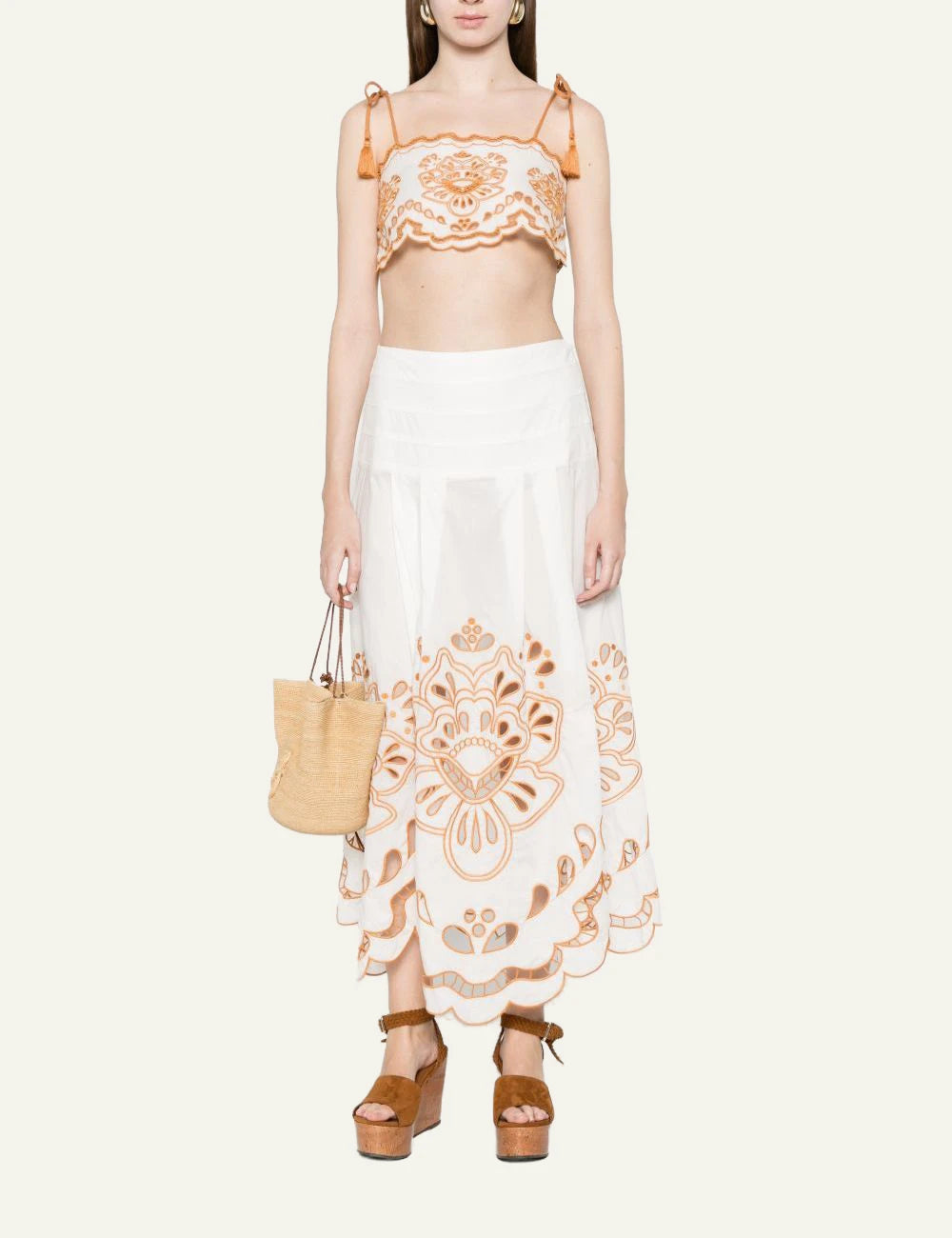 Farm Rio white embroidered crop top tassel straps scalloped hem front full body view