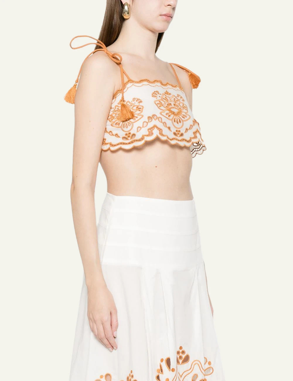Farm Rio white embroidered crop top tassel straps scalloped hem side view