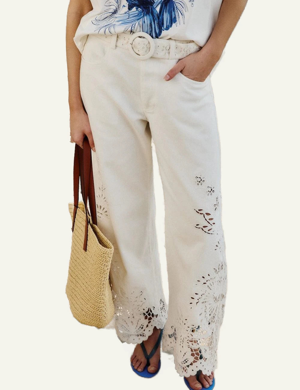 Farm Rio white wide leg pants front view