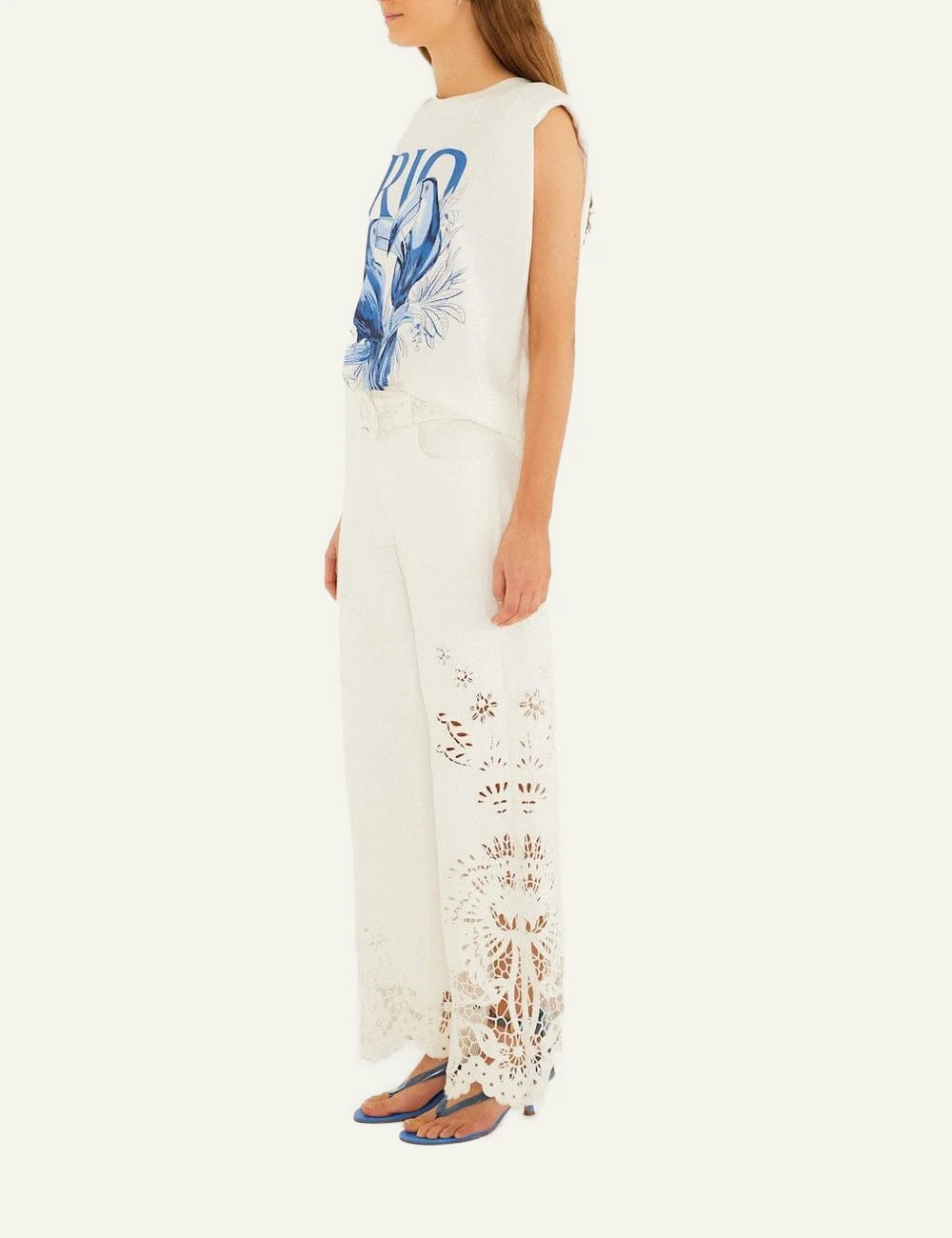 Farm Rio white wide leg pants side view