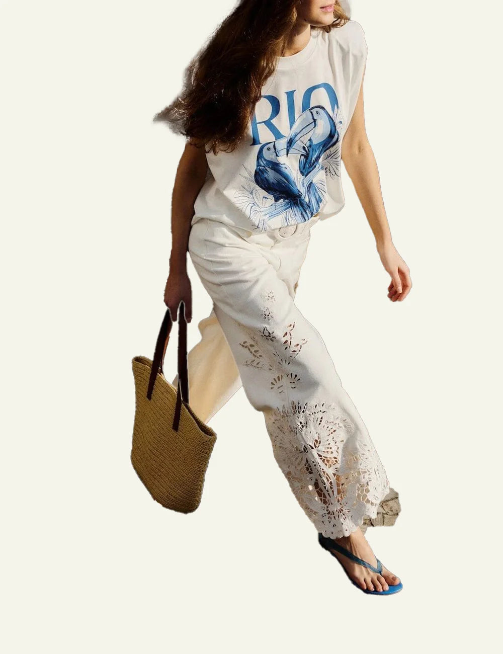 Farm Rio white wide leg pants top view