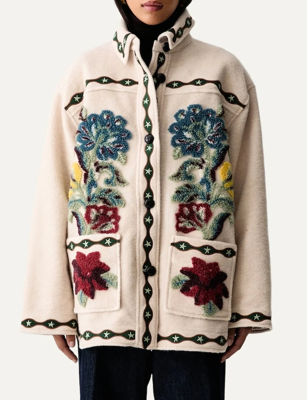 Farm Rio Women’s Beige Wool-Blend Floral Appliqué Jacketfront view