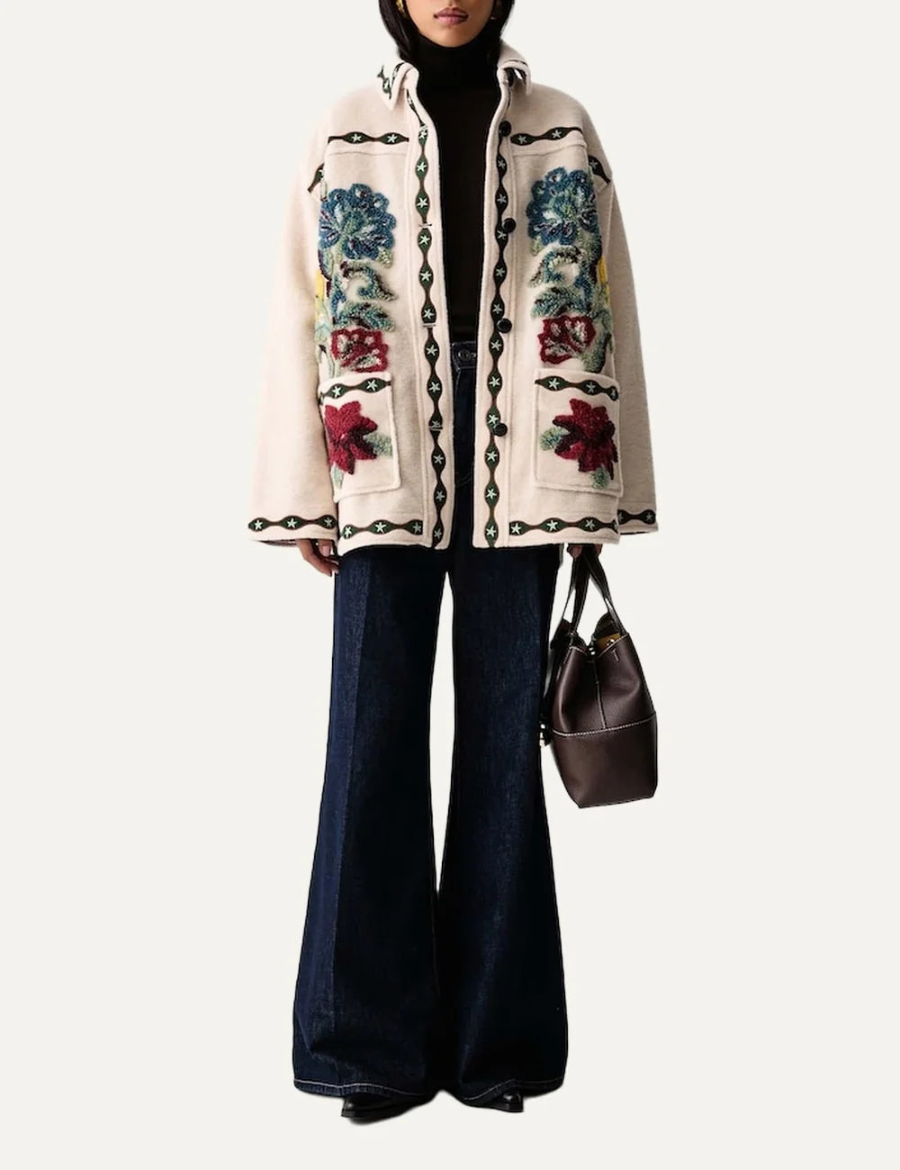 Farm Rio Women’s Beige Wool-Blend Floral Appliqué Jacket full look