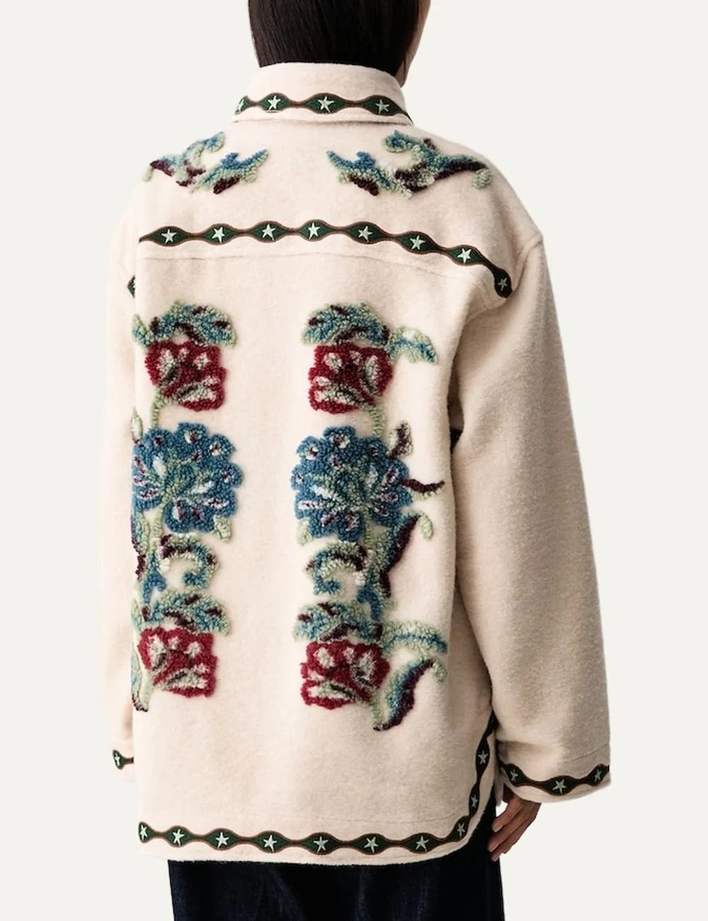 Farm Rio Women’s Beige Wool-Blend Floral Appliqué Jacket back view