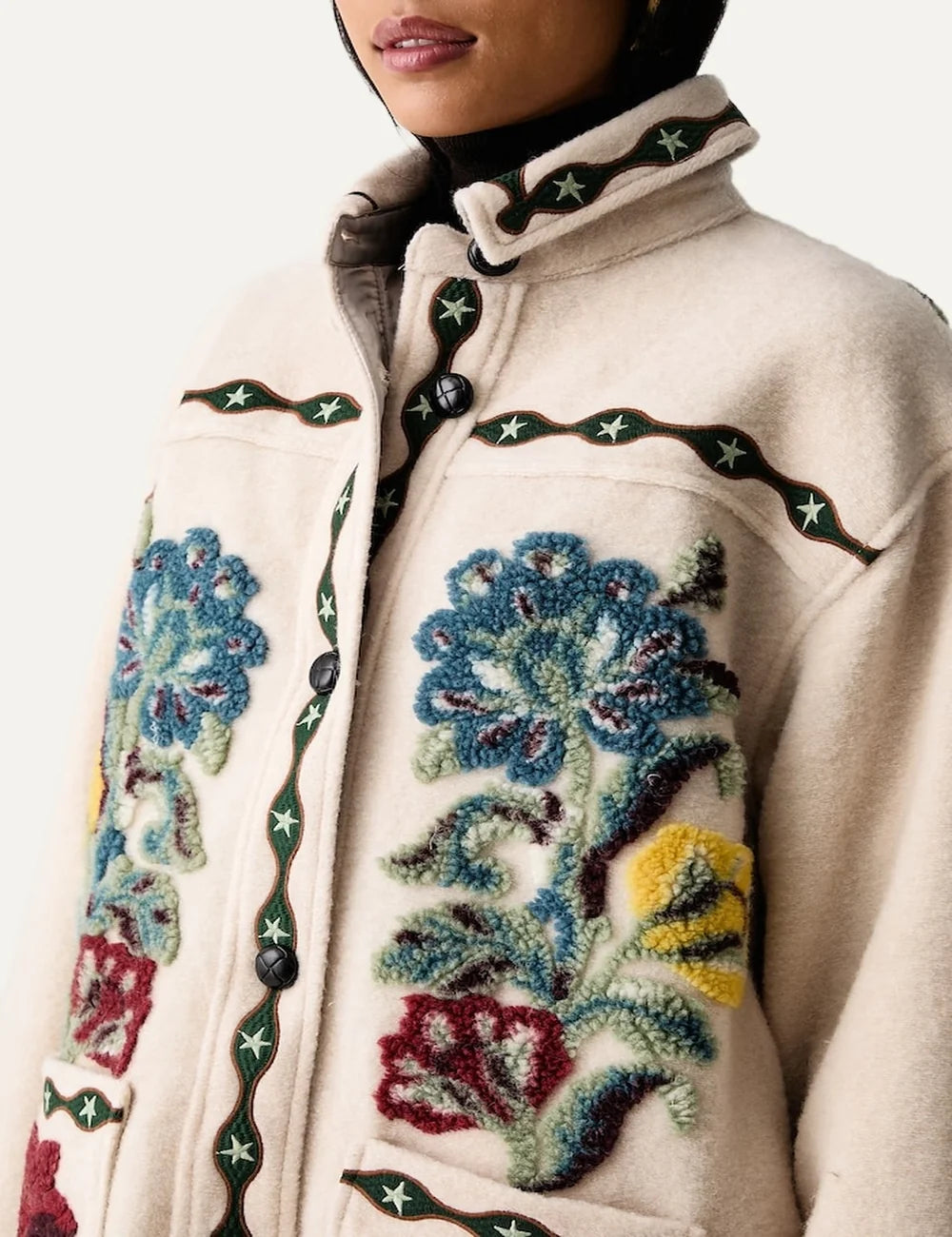 Farm Rio Women’s Beige Wool-Blend Floral Appliqué Jacket close up details