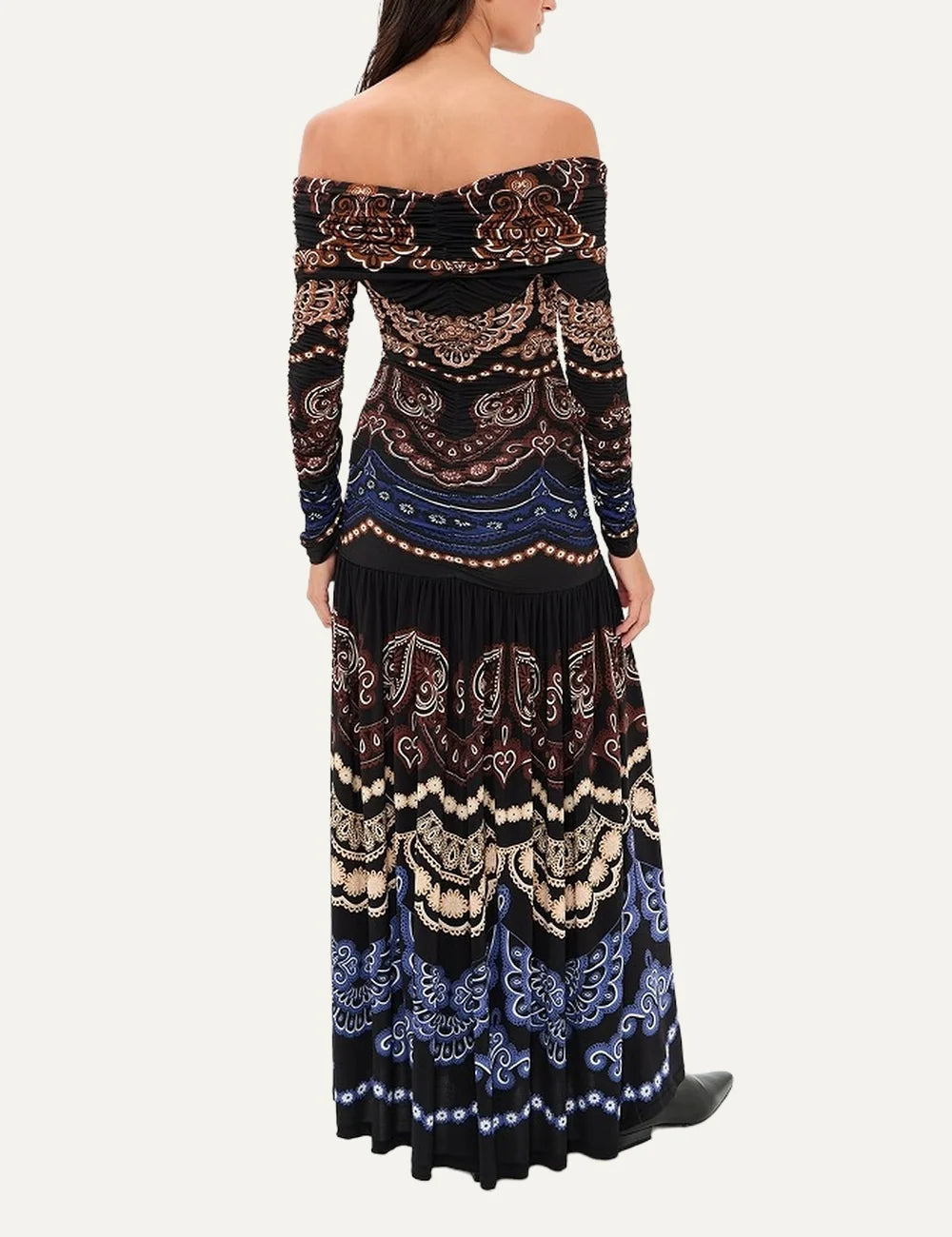 Farm Rio Women’s Black Floral Off-Shoulder Maxi Dress back view