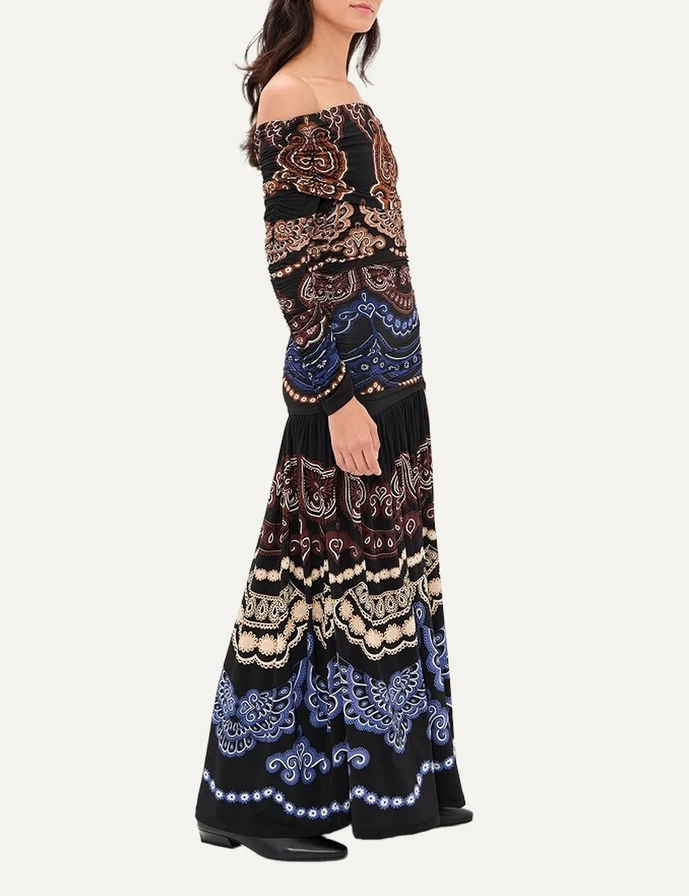 Farm Rio Women’s Black Floral Off-Shoulder Maxi Dress side view