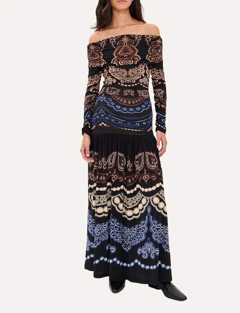 Farm Rio Women’s Black Floral Off-Shoulder Maxi Dress front view on model