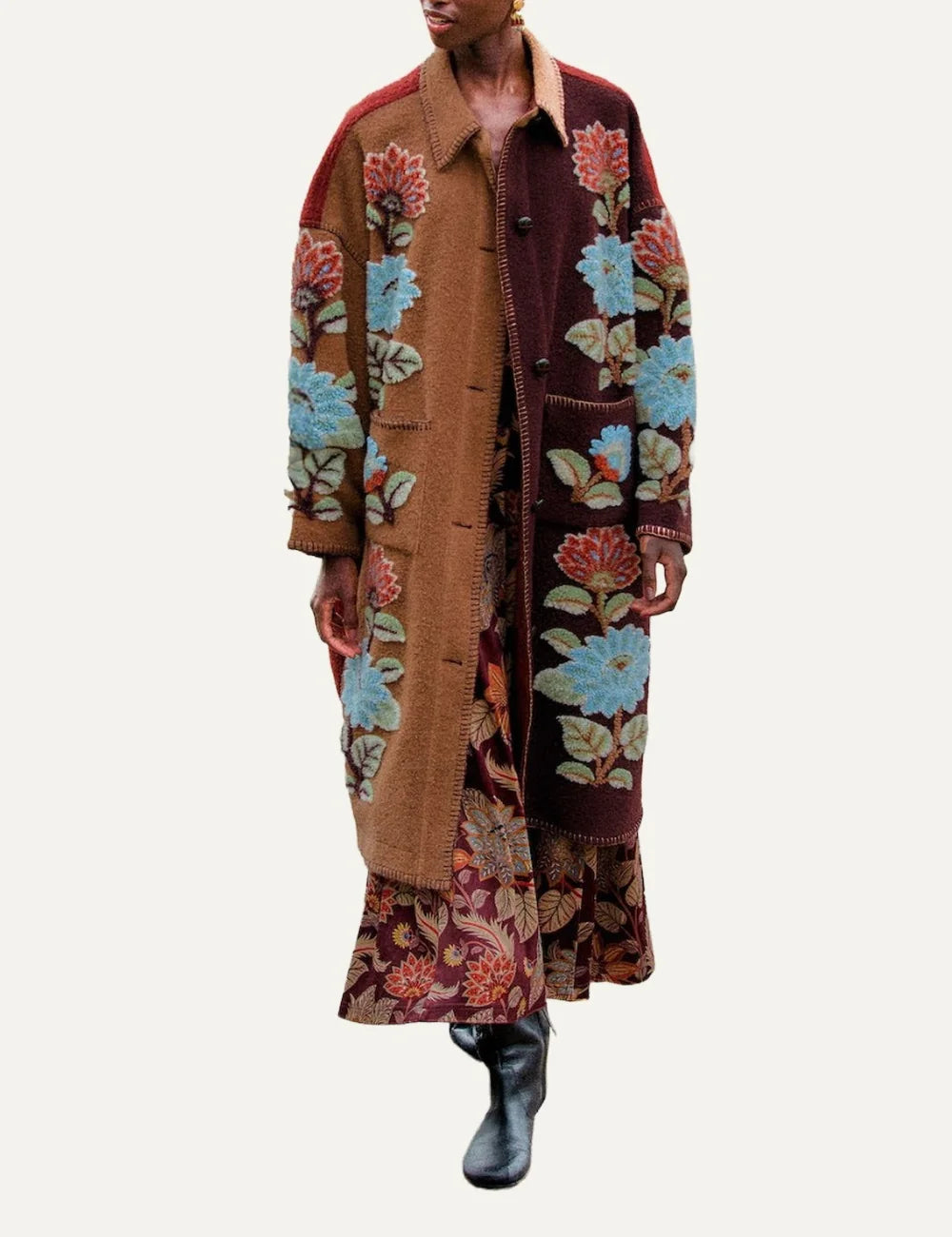 Farm Rio Women’s Brown and Burgundy Floral Fleece Midi Coat front view full look