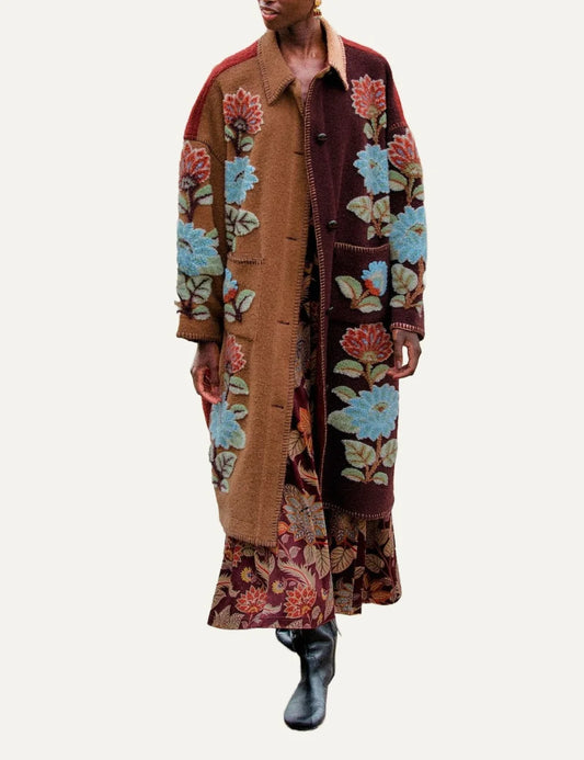  Farm Rio Women’s Brown and Burgundy Floral Fleece Midi Coat front view full look